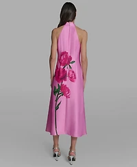Karl Lagerfeld Paris Women's Sleeveless Floral Peony Halter Neck Midi Dress