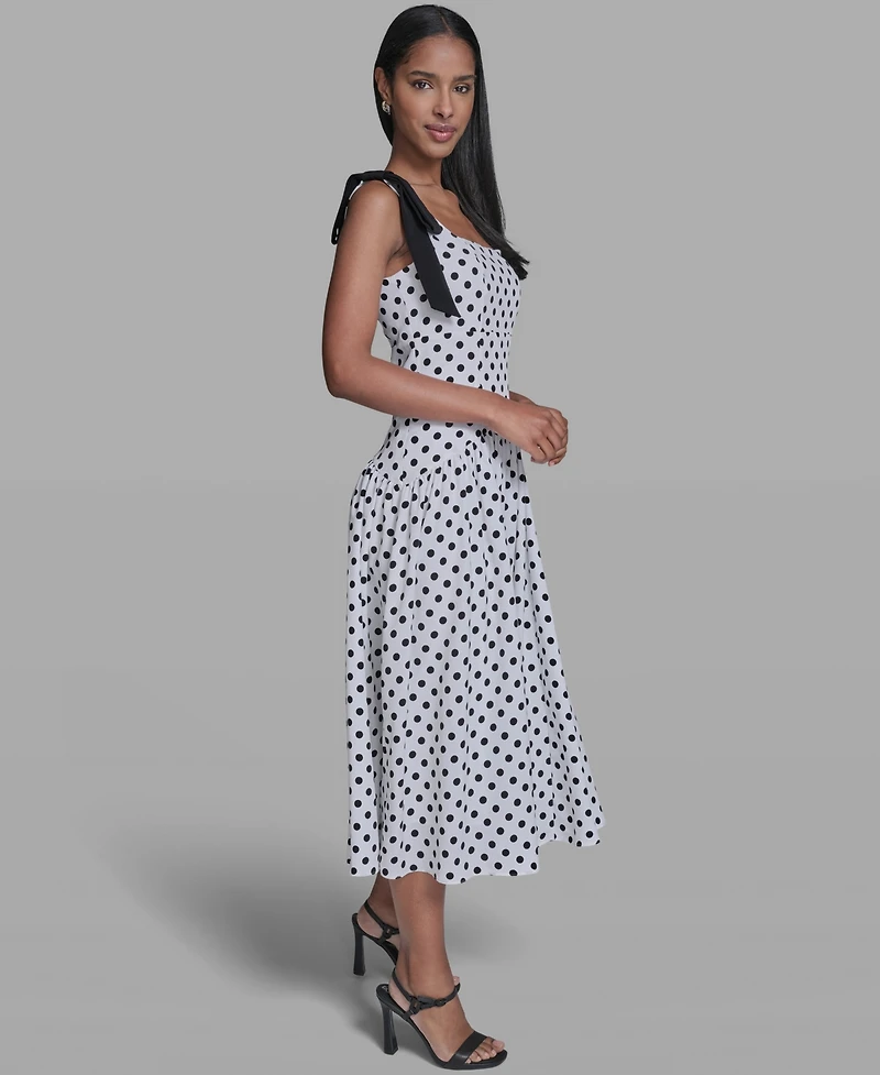 Karl Lagerfeld Paris Women's Sleeveless Polka Dot Bow Strap Midi Dress