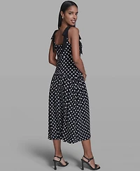 Karl Lagerfeld Paris Women's Sleeveless Polka Dot Bow Strap Midi Dress