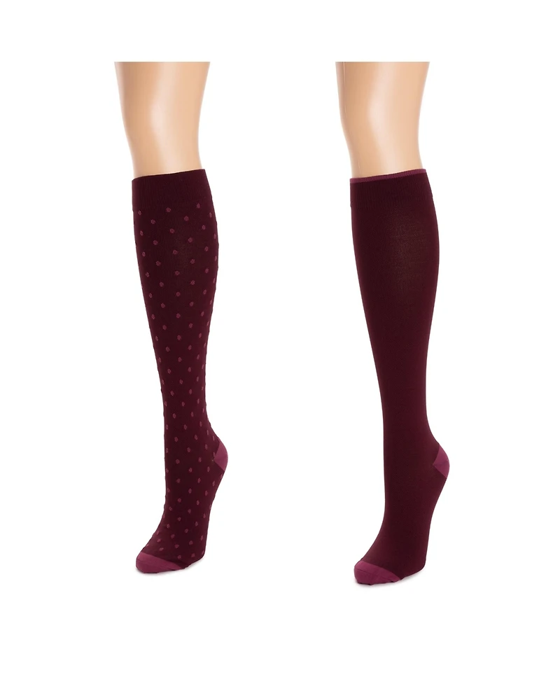 Muk Luks Women's 2 Pair Pack Nylon Compression Knee High Socks, One Wide