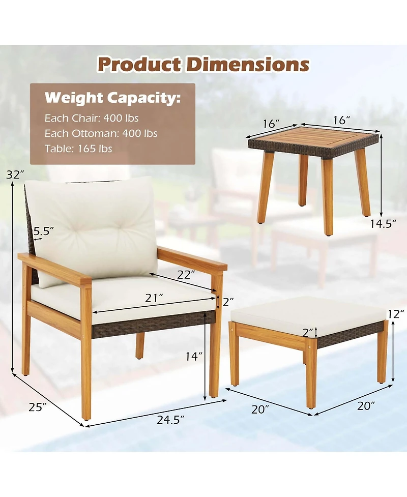 Costway 5 Pcs Rattan Furniture Set Wood Frame Chairs & Ottomans with Square Coffee Table