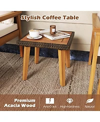 Costway 5 Pcs Rattan Furniture Set Wood Frame Chairs & Ottomans with Square Coffee Table