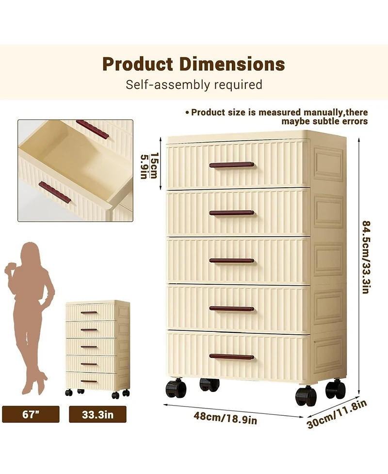 gaomon 5 Tiers Plastic Drawer Storage On Wheels, Storage Chest of Drawers Tall Dresser, Pull Out Storage Bins for Bedroom