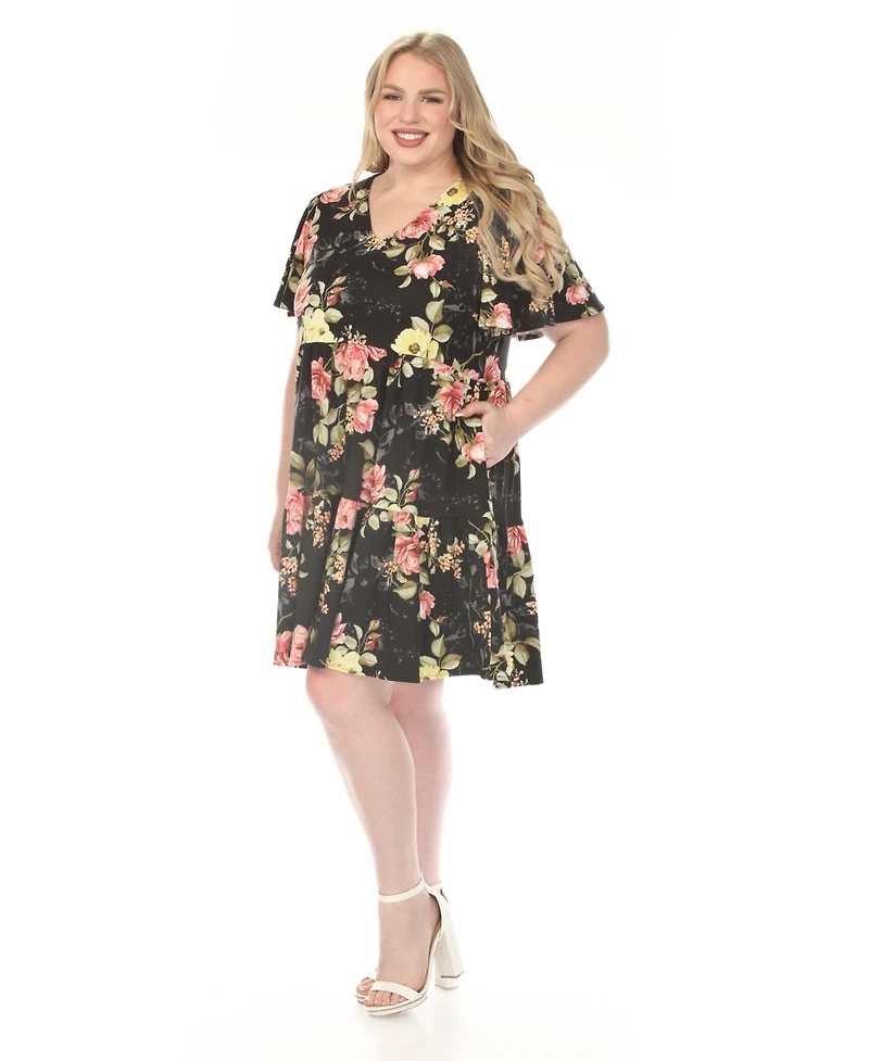 White Mark Plus V-Neck Tropical Flower Short Sleeve Dress