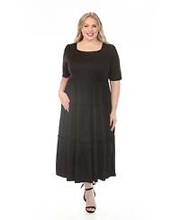 White Mark Plus Square Neck Short Sleeve Tiered Dress