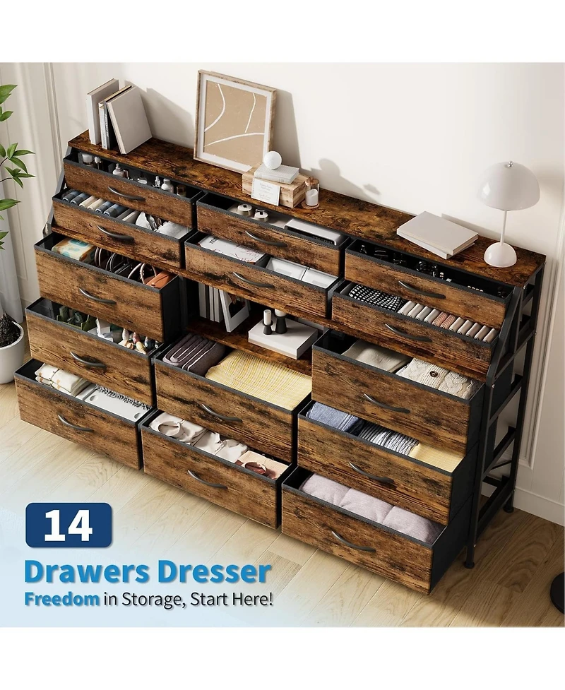 gaomon Dresser with 14 Fabric Drawers, Tall Storage Organizer with Wooden Top & Metal Frame for Bedroom, Living Room, Closet