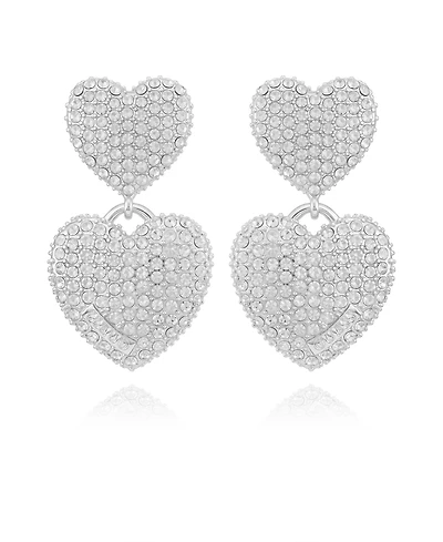Guess Glass Stone Double Heart Drop Earrings