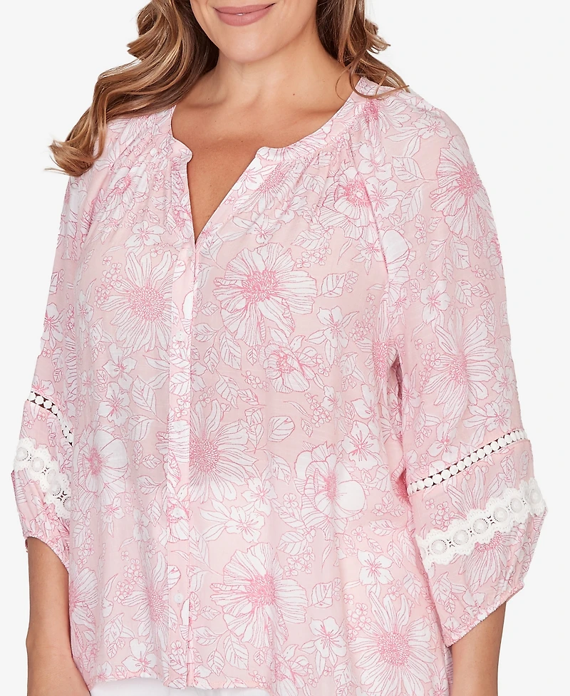 Ruby Rd. Plus Size Floral Silky Gauze Peasant Top