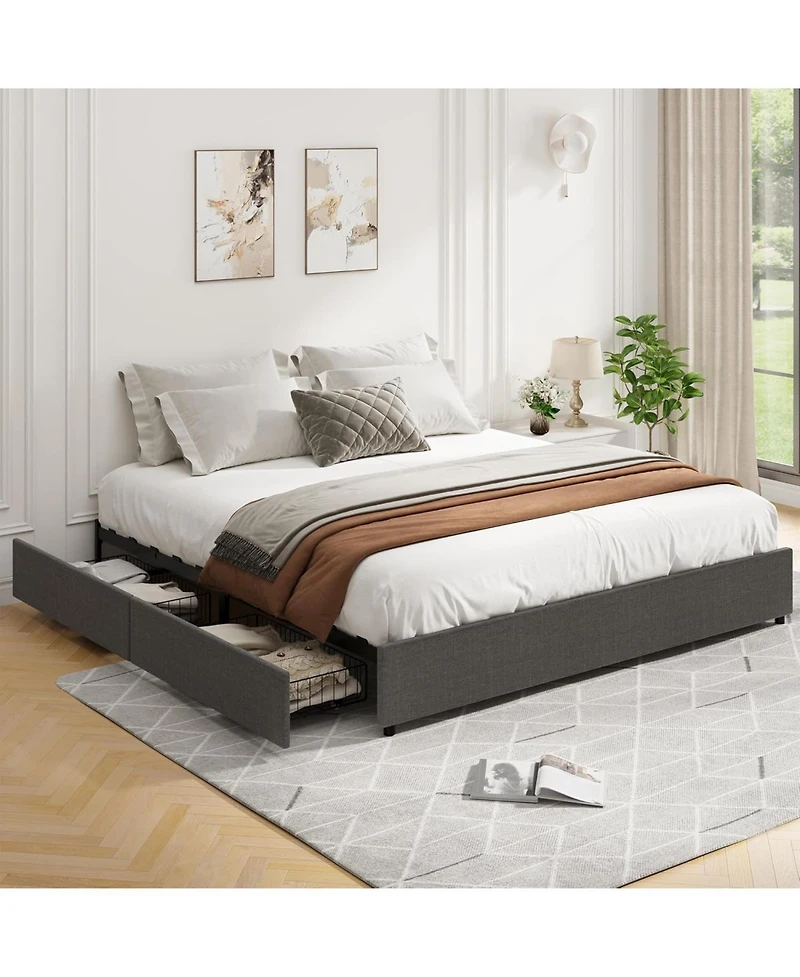 Gaomon Platform Bed Frame, Fabric Upholstered with 4 Storage Drawers, No Box Spring Needed, Wooden Slats Support, Noise Free