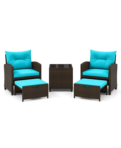 Gymax Set of 5 Patio Rattan Furniture w/ 2 Wicker Ottomans & Tempered Glass Coffee Table