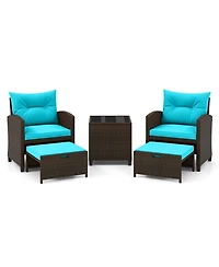 Gymax Set of 5 Patio Rattan Furniture w/ 2 Wicker Ottomans & Tempered Glass Coffee Table