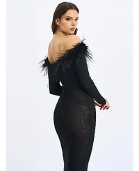 Miss Circle Women's Emberly Fur Trimmed Off-Shoulder Rhinestone Mermaid Maxi Dress