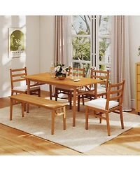 Gymax 6PCS Patio Acacia Wood Dining Set w/Bench 1.97'' Umbrella Hole Cushions for Yard