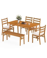 Gymax 6PCS Patio Acacia Wood Dining Set w/Bench 1.97'' Umbrella Hole Cushions for Yard