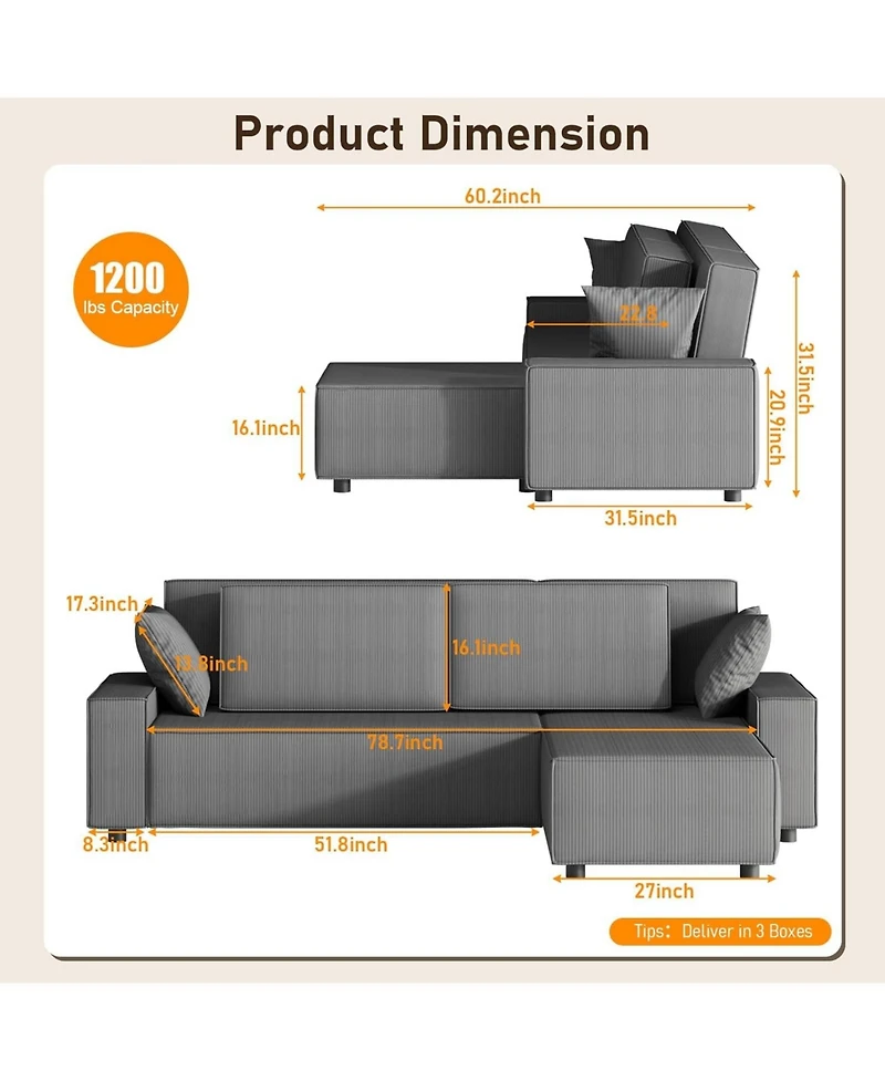 gaomon Corduroy Stripe 96 Inch Large Couch, Modern L Shaped Oversized Sectional Sofa with Deep Seat, Comfy Modular Couch