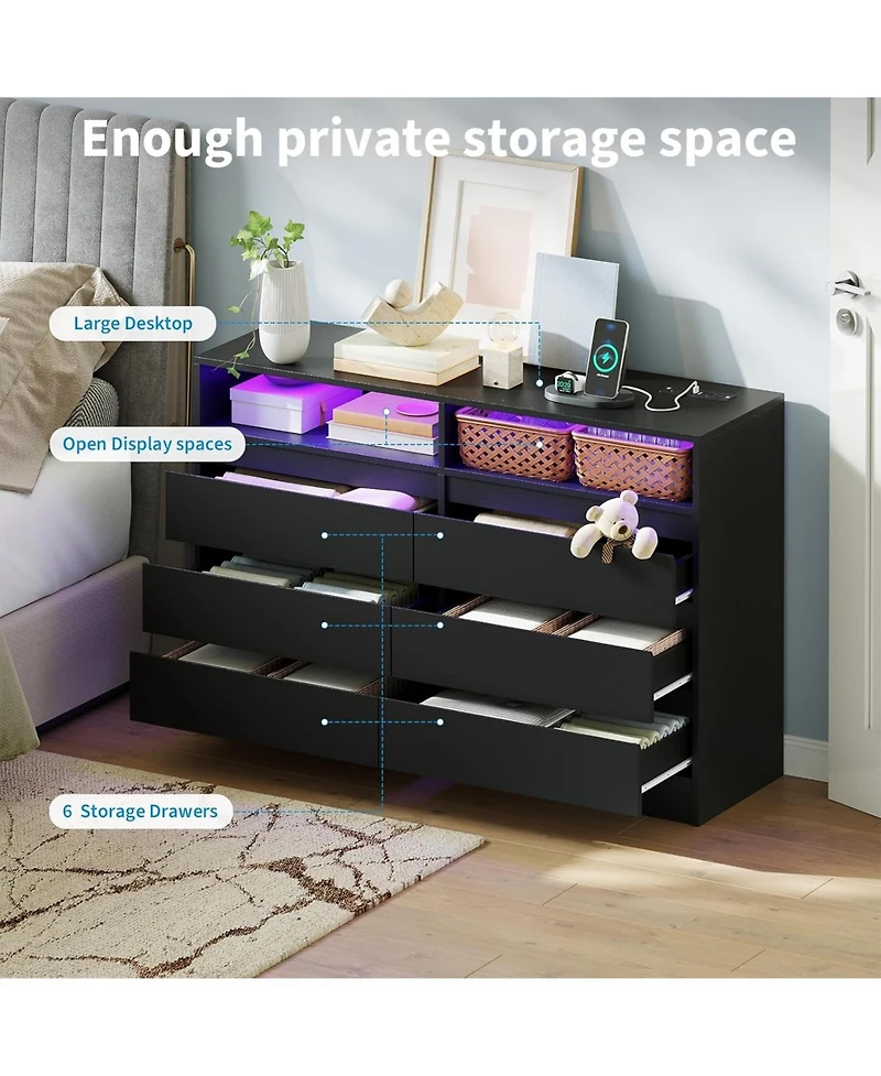 gaomon Modern 4 Drawer Dresser with Led Light and Charging Station, Storage Chest with Power Outlet