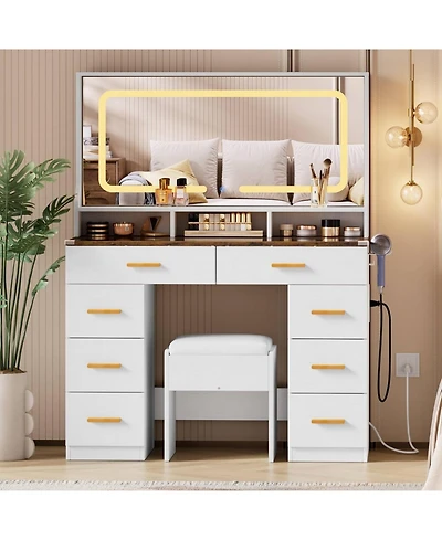 gaomon 42" Led Makeup Vanity Desk with Large Mirror, 8 Drawers & Charging Station, Modern Dressing Table Glass Top, Storage Stool