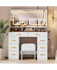 gaomon 42" Led Makeup Vanity Desk with Large Mirror, 8 Drawers & Charging Station, Modern Dressing Table Glass Top, Storage Stool