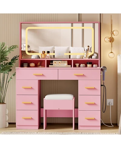 gaomon 42" Led Makeup Vanity Desk with Large Mirror, 8 Drawers & Charging Station, Modern Dressing Table Glass Top, Storage Stool