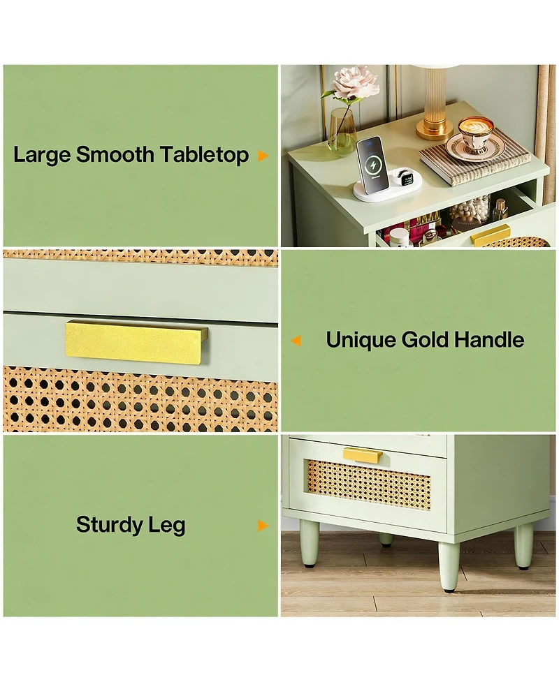 Rainsken Rattan Nightstand, Mint Green 3-Drawer Bedside Table, Wooden End Table for Bedroom, Living Room