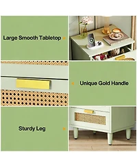 Rainsken Rattan Nightstand, Mint Green 3-Drawer Bedside Table, Wooden End Table for Bedroom, Living Room