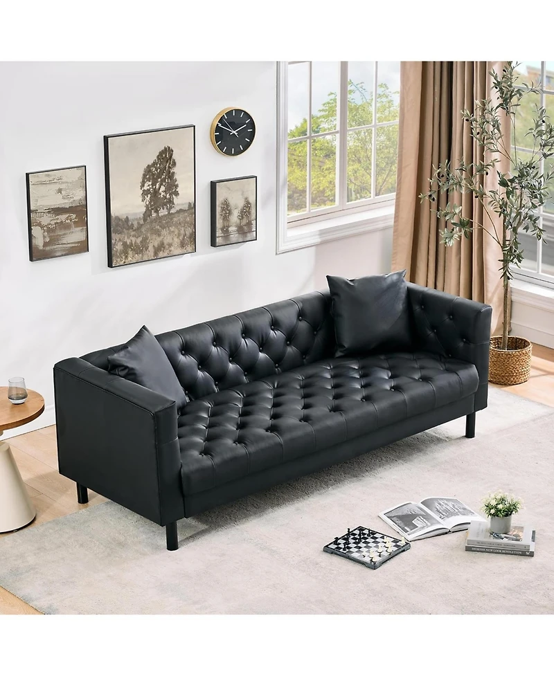 gaomon 78" Leather Couch, Handmade Button Tufted 3 Seater Chesterfield Sofa with Deep Seat and 2 Pillows for Living Room or Apartment