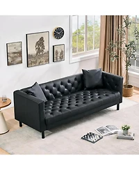 gaomon 78" Leather Couch, Handmade Button Tufted 3 Seater Chesterfield Sofa with Deep Seat and 2 Pillows for Living Room or Apartment