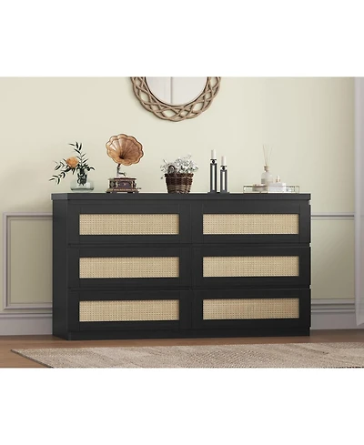 Gaomon Rattan 6 Drawer Dresser, 47" Wide Farmhouse Wooden Chest for Living Room, Hallway