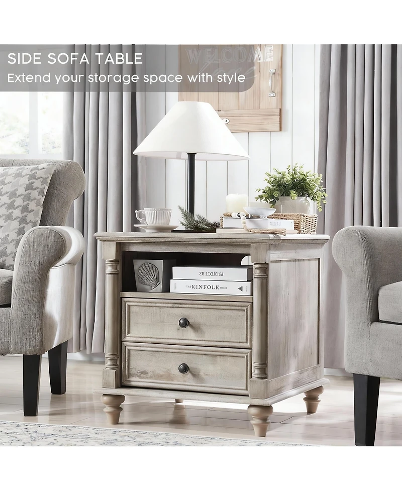 Yigii 24" Rustic Square Nightstand with Charging Station for Bedroom/Living Room