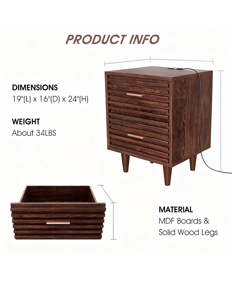 Yigii Mid Century Modern Nightstand with 2 Drawers, Charging Ports, and Storage