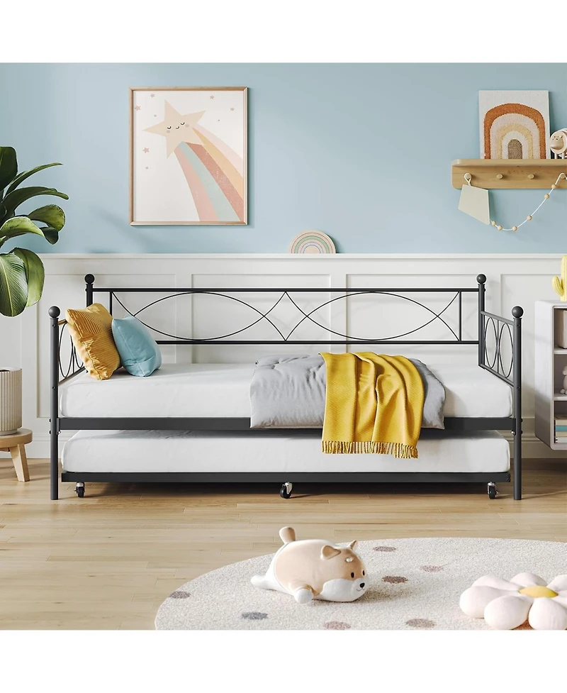 gaomon Twin Daybed with Trundle, Metal Daybed and Trundle Set, Sofa Bed Frame with Steel Slat Support, Multifunctional Daybed for Bedroom, Living Room