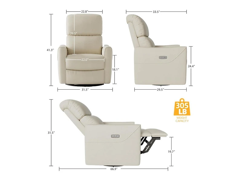 gaomon Power Recliner Chair Swivel Glider, Upholstered Faux Leather Nursery Reclining Sofa Chair with Charging Port