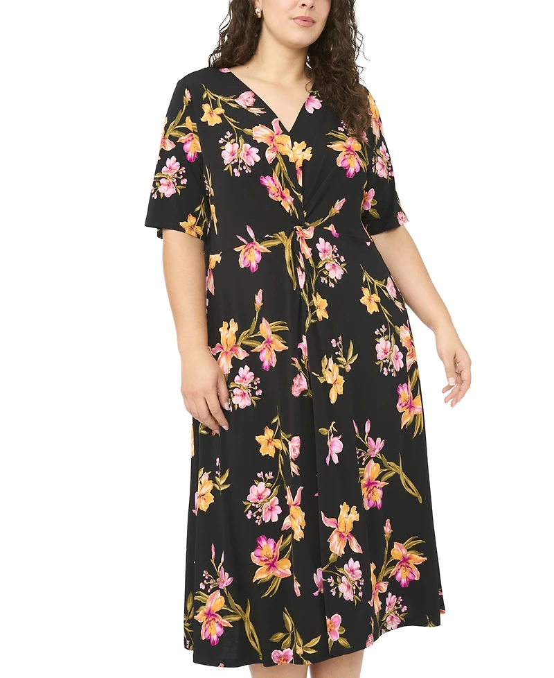 Msk Plus Size V-Neck Printed Midi Dress