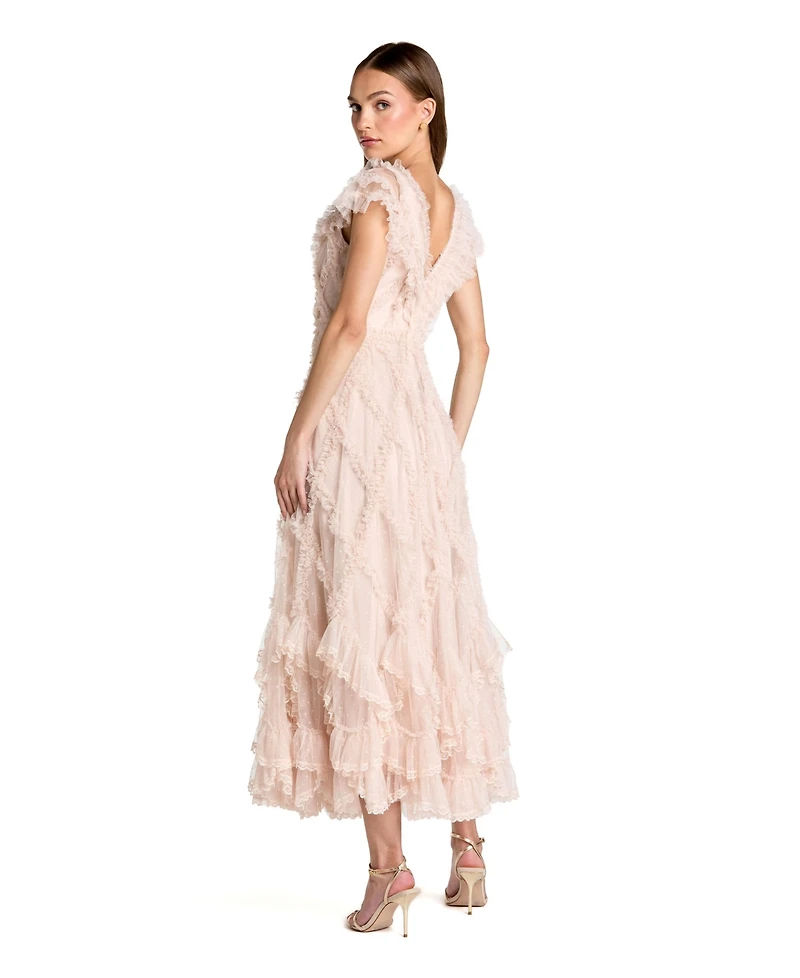 Mac Duggal Petite Micro Ruffle Cap Sleeve A-Line Midi Dress