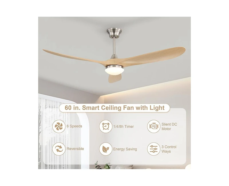 Sofucor 60-inch Modern Sand Nickel 3-blade Ceiling Fan Light With Remote Control Supports Mobile Phone Connection And Voice Function