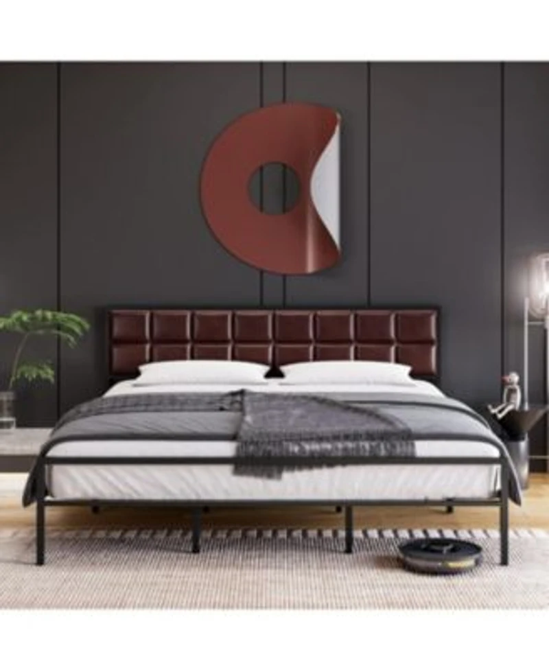 Gaomon Bed Frame Faux Leather Platform Bed Frame With Upholstered Square Stitched Headboard Metal Bed Frame With Steel Slats Support