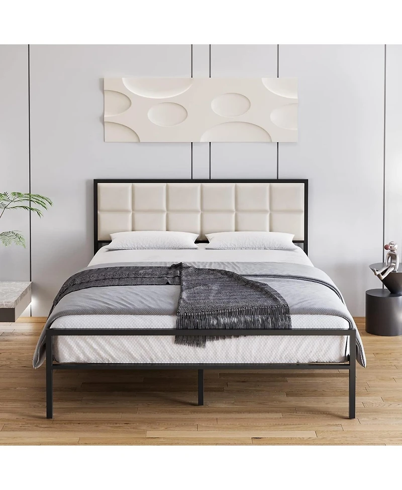 Gaomon Bed Frame, Faux Leather Platform Bed Frame with Upholstered Square Stitched Headboard