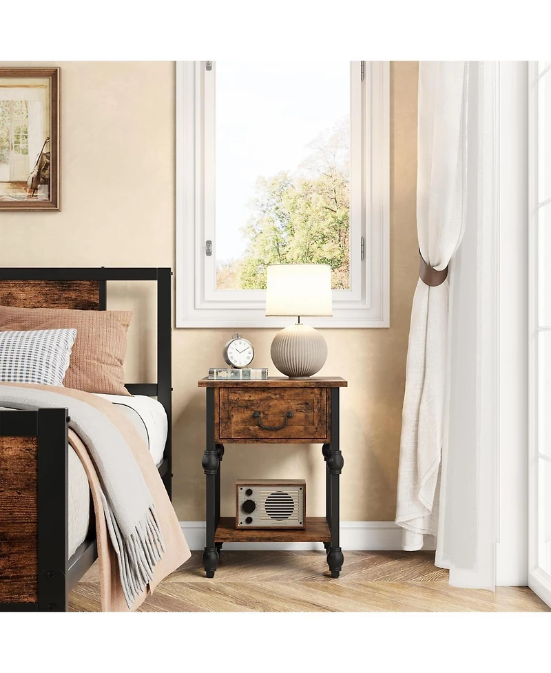 gaomon Nightstand Sets for 2, Industrial Side Table with Drawer and Storage Shelf, Metal Frame End Table with Wooden Top, Space Saving Console Table