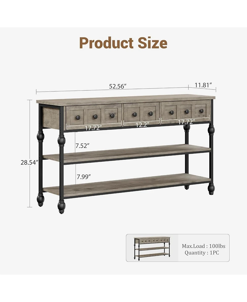 gaomon 52" Console Table, Entryway Table with 3 Storage Drawers, Tier Industrial Metal Sofa Behind CouchTable, Hallway for Entry