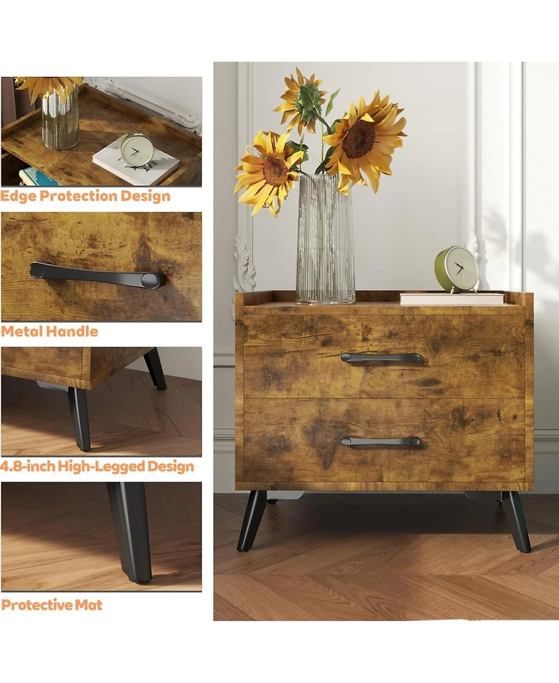 Rainsken Retro Nightstand, Minimalist End Side Table, Bedside Table with 2 Drawers and Metal Legs, Essential Bedroom Furniture