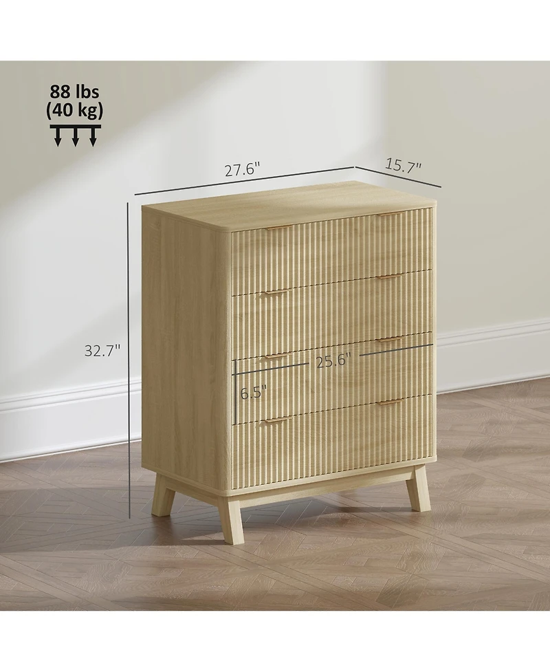 Rainsken Nightstand, 4 Drawer Double Dresser, Wave-Fluted Fronts, Gold Finger Pulls, Bedside Table