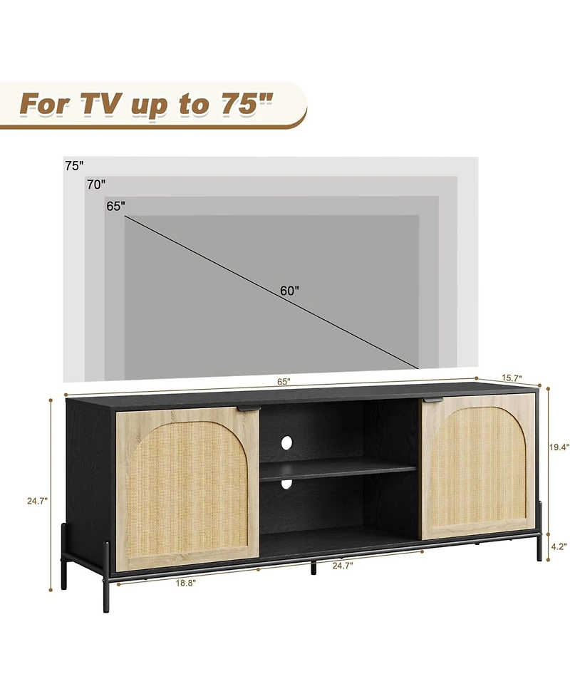 gaomon Tv Stand for 75 Inch Tv, Entainment Center with Storage Cabinets, Rattan Tv Console with Adjustable Shelf