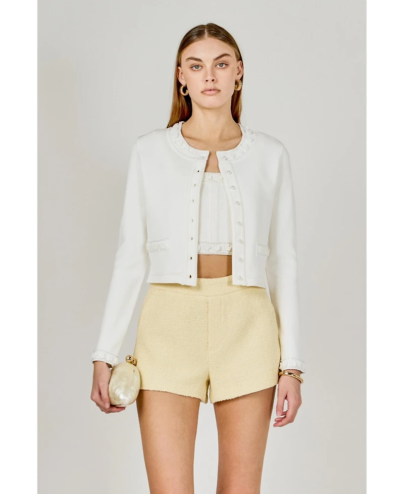 endless rose Women's Flower and Pearl Trim Knit Cardigan