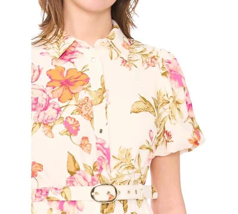 Msk Petite Puff-Sleeve Belted Fit & Flare Dress