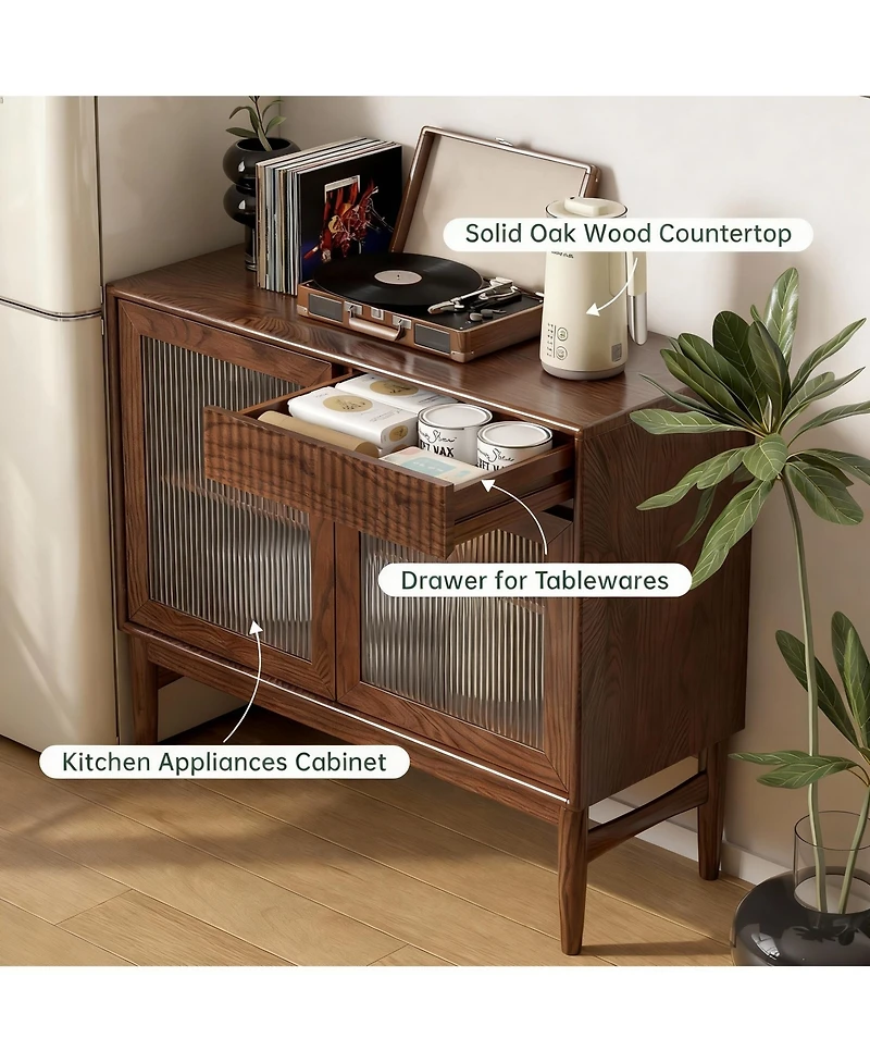 Yigii Solid Wood Cabinet with Glass Doors and Shelves for Kitchen and Living Room