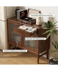 Yigii Solid Wood Cabinet with Glass Doors and Shelves for Kitchen and Living Room