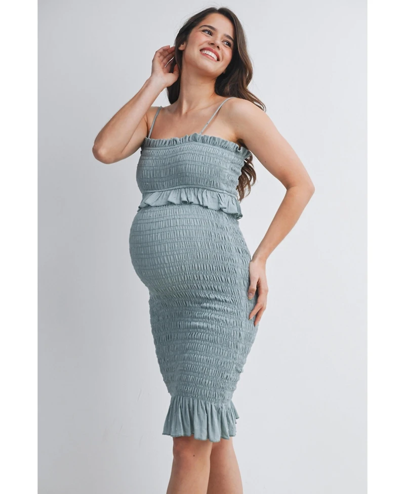 Hello Miz Maternity Smocked Spaghetti Strap Dress with Ruffle Hem
