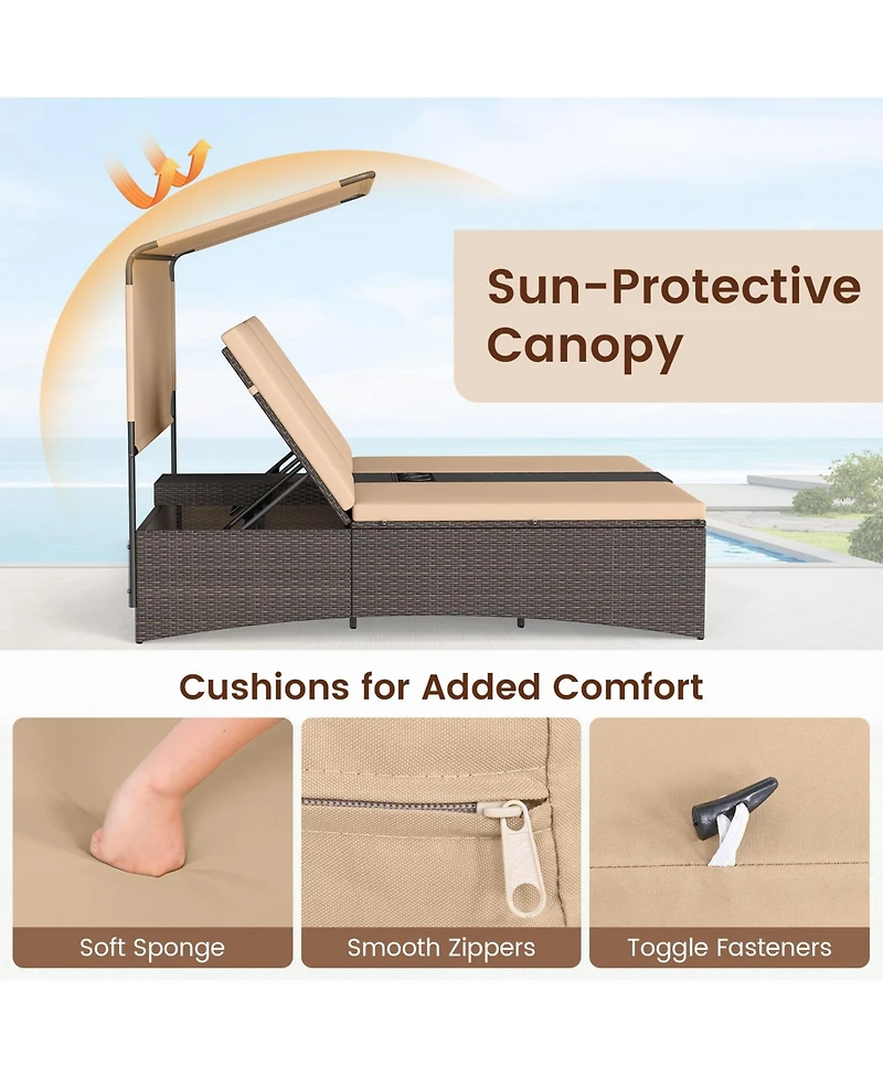 Gymax Daybed w/ Adjustable Backrests 2-Person Pe Rattan Patio Bed w/ Canopy Outdoor