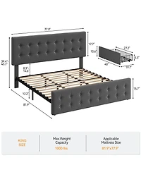 gaomon King Bed Frame with Headboard and 4 Storage Drawers, Square Stitched Button Tufted Platform