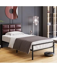 Gaomon Bed Frame, Faux Leather Platform Bed Frame with Upholstered Square Stitched Headboard, Metal Bed Frame with Steel Slats Support